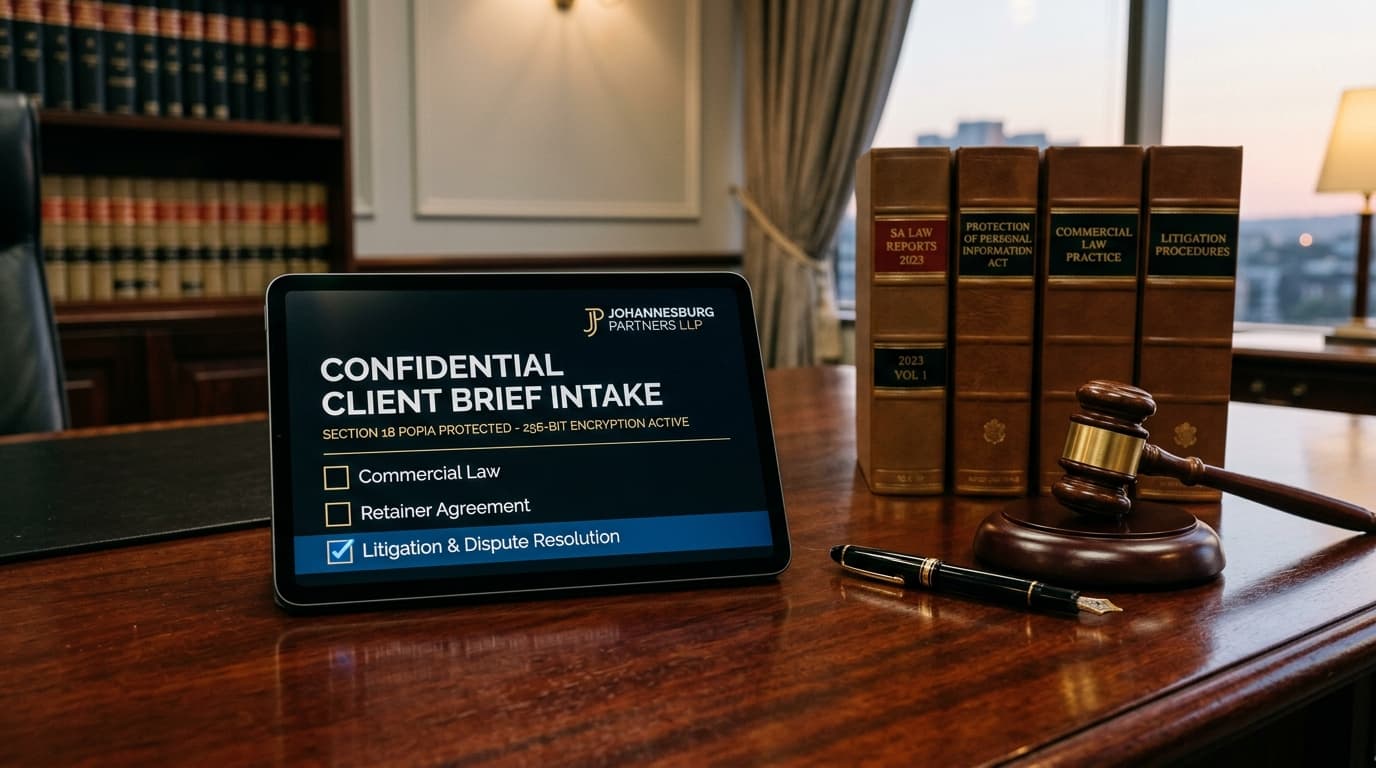 Chambers Desk with Gavel and POPIA Section 18 Encrypted Client Intake Screen
